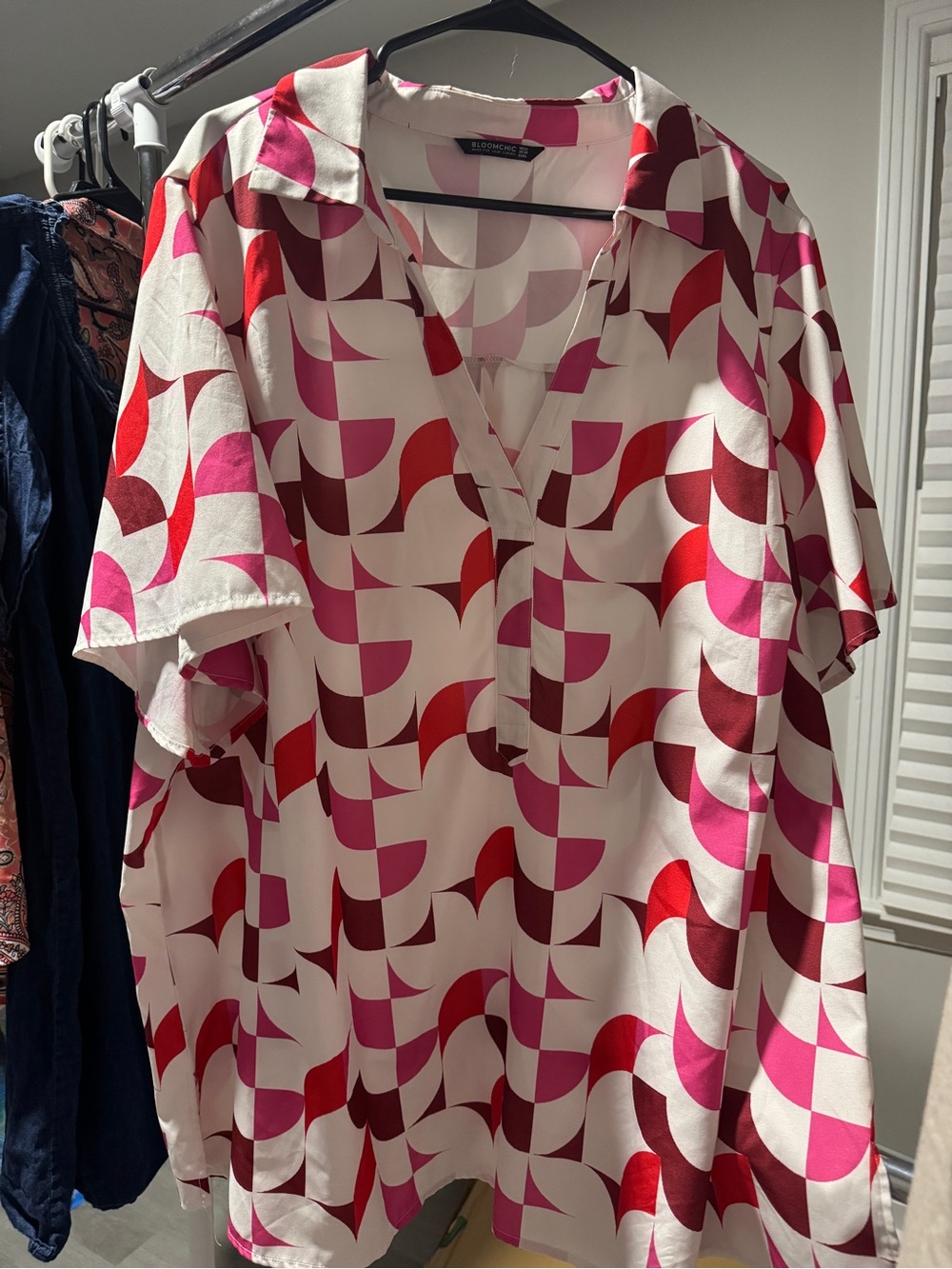 BloomChic Pink and Red Geometric Short-Sleeve Tunic